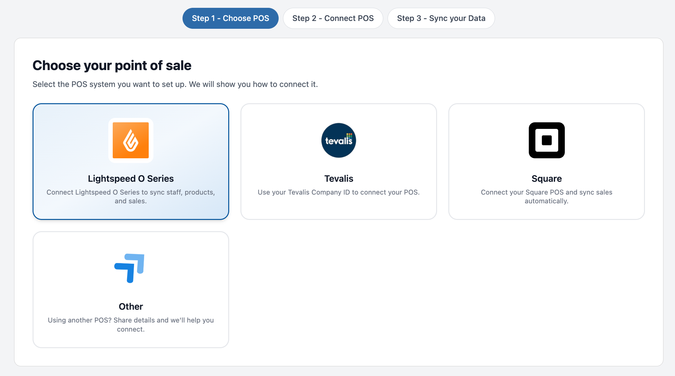 Upsel onboarding screen for choosing a point-of-sale provider