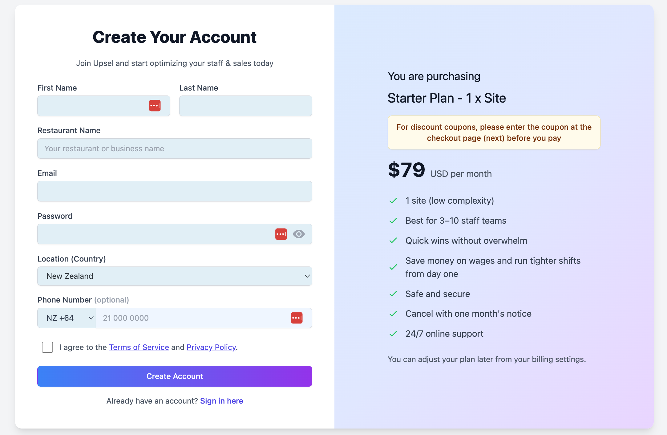 Upsel account signup form with plan summary